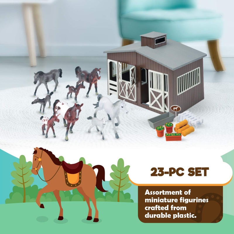 Constructive Playthings Deluxe Toy Horse Stable Playset with 8 Horse Toys and Accessories, BPA-Free Farm Set, Use for Christmas Gifts and Birthday Gifts, Brown, 23 pc., Toddler Toys for 3 Years Up - Image 3